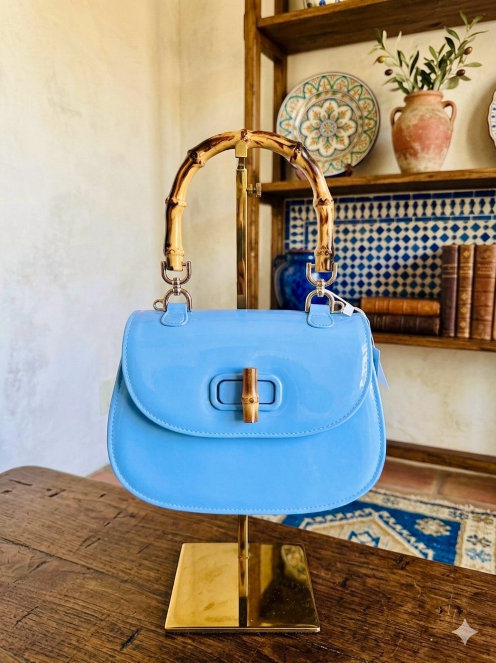 Le Miel Light Blue Jelly & Faux Bamboo-Handle  Satchel Crossbody NWT